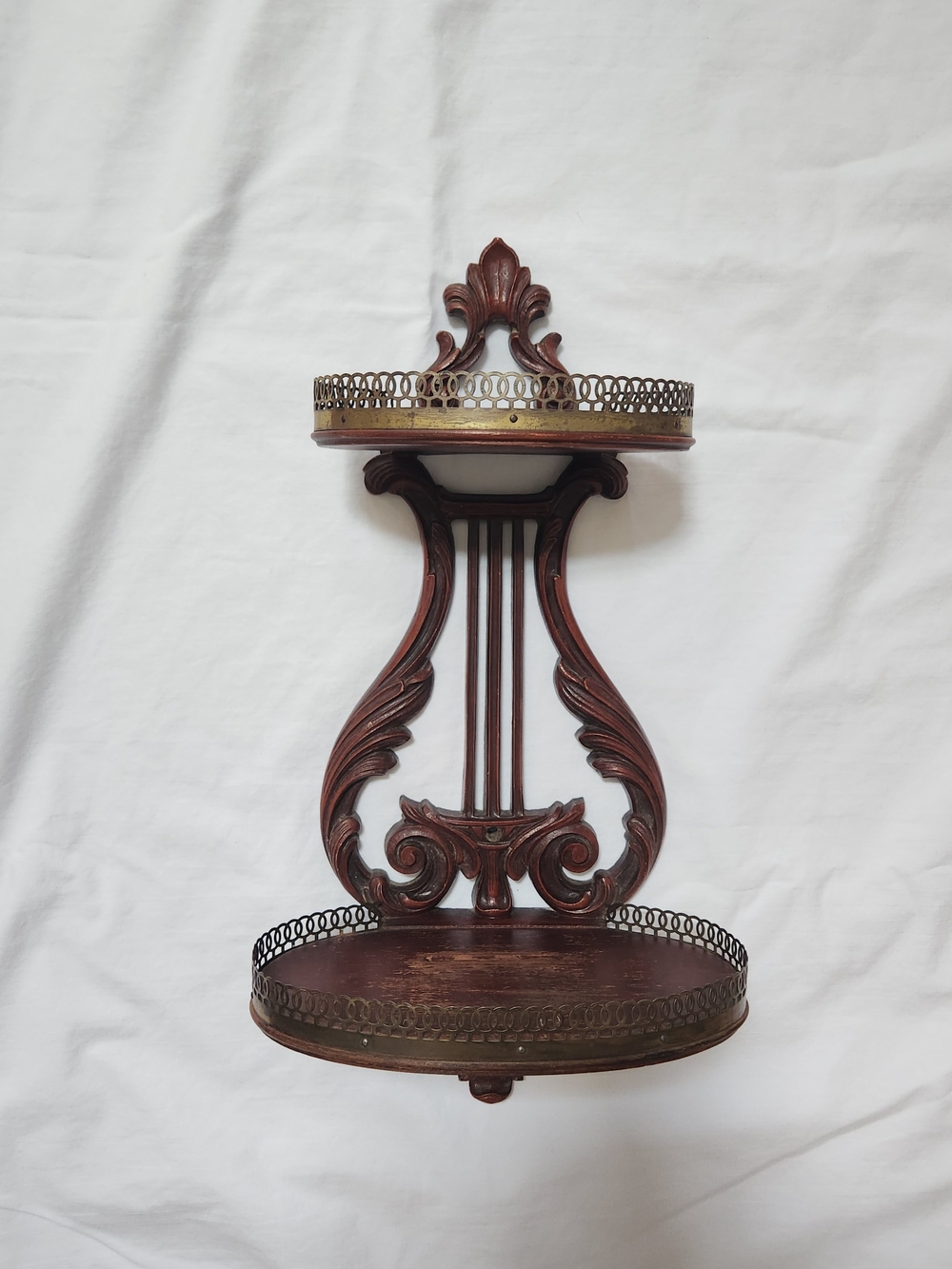 Syroco Ornate Two-Tier Wood & Brass Wall Shelf - Deep Mahogany
